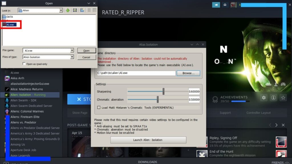 Screenshot of the Alias Isolation launcher with a red box in the path window to highlight the original Alien Isolation launch file.