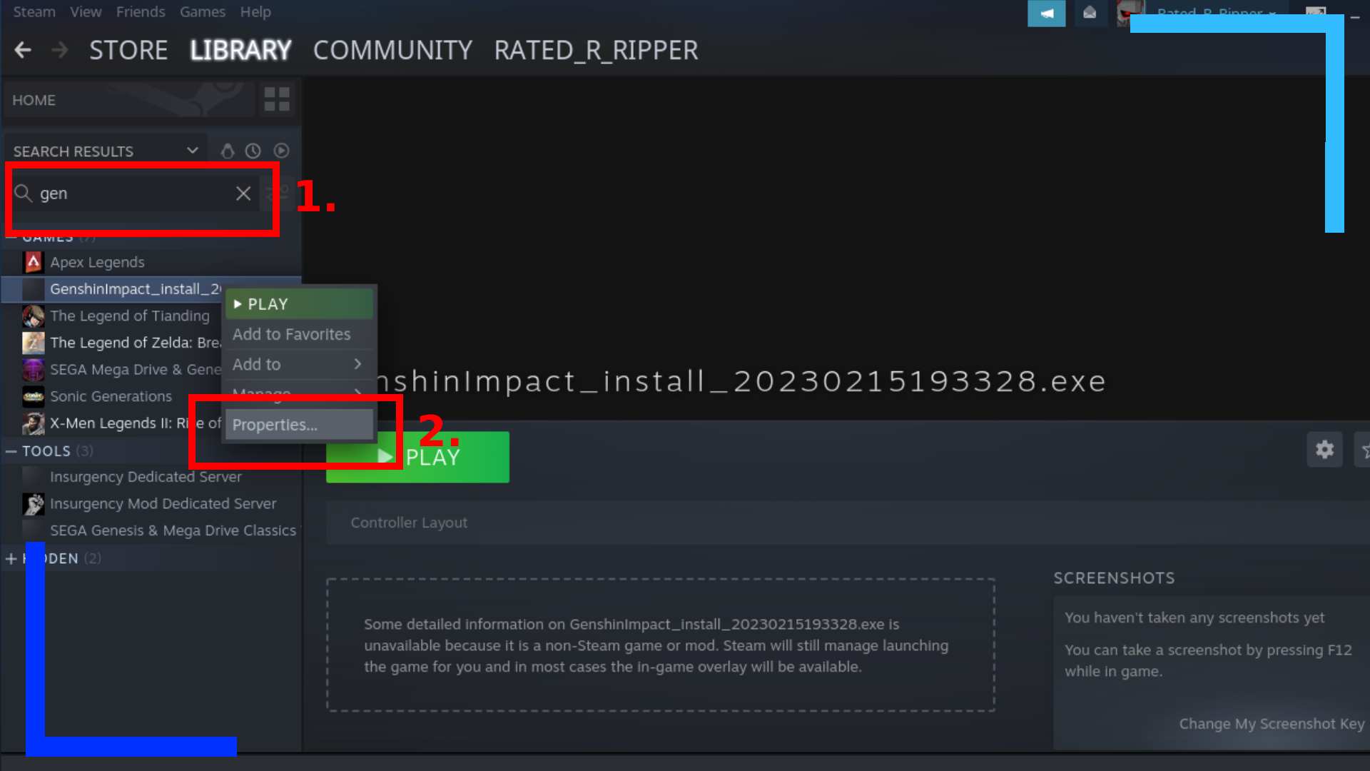 Screenshot of the Steam App on Steam Deck with two red boxes and two numbers to show where to click and the order.