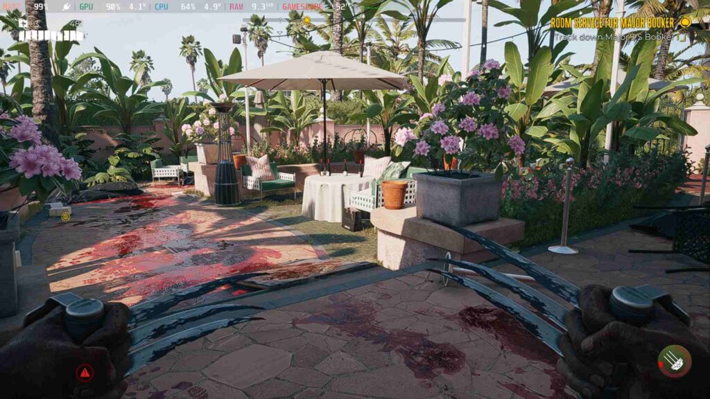 Screenshot from Dead Island 2 showing a stand in a sunny LA. We can see the player's hands who are holding two claw-like weapons.