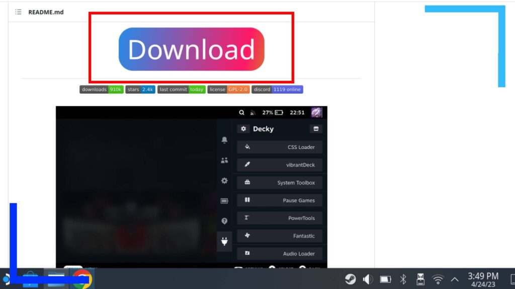 Screenshot of the Decky Loader page on GitHub with a red box around the blue and pink download button.