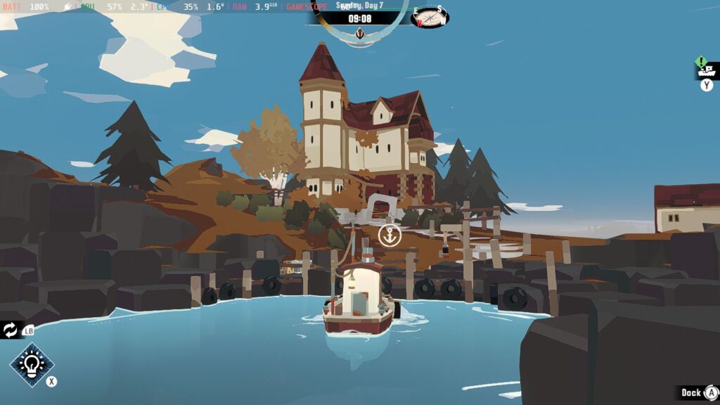 Screenshot from Dredge showing a small bot approaching a larger Victorian style house on a small, rocky island.