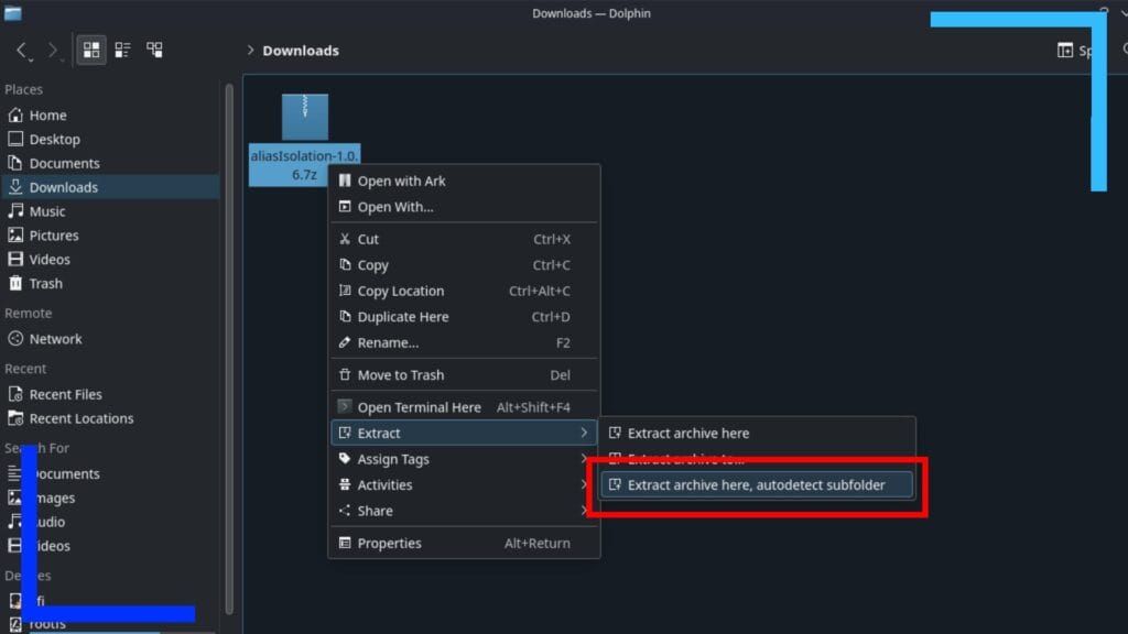 Screenshot of the Dolphin File Explorer on Steam Deck. A red box highlights where to click to extract.