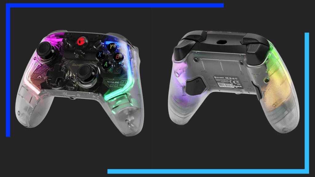 Close up promo shot of the GameSir T4 Kaleid on a dark grey background. Pink and green lights can be seen on the edge of the controller on the left. While the right controller's edges are bathed in a purple and yellow glow.