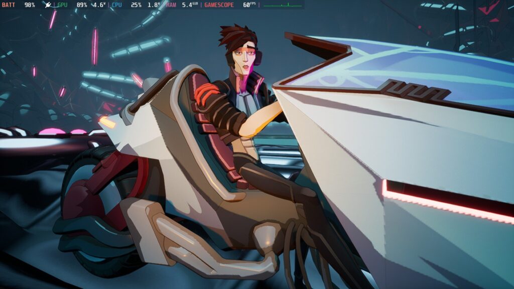 Side-on screenshot of the main character from Gripper on his white futuristic motorbike.