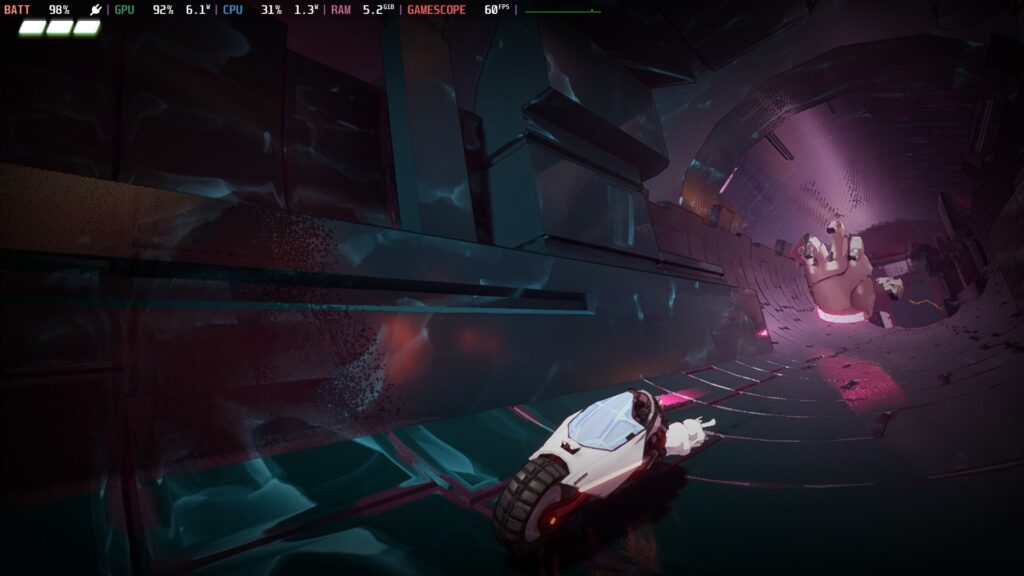 Angled screenshot of the main character on his futuristic bike being chased by a robotic white hand.