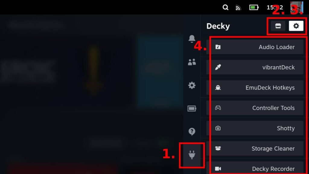 Screenshot of Decky in action on Steam Deck. Four red boxes and four numbers highlight the areas the article discusses. 