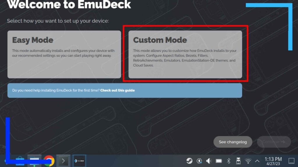 Screenshot of the EmuDeck installer on Steam Deck. A red box surrounds the custom button.