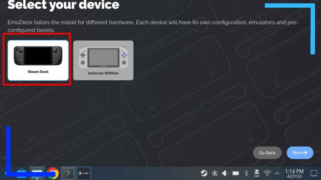 Screenshot of the EmuDeck installer on Steam Deck with a red box above the Steam Deck option inside of EmuDeck.