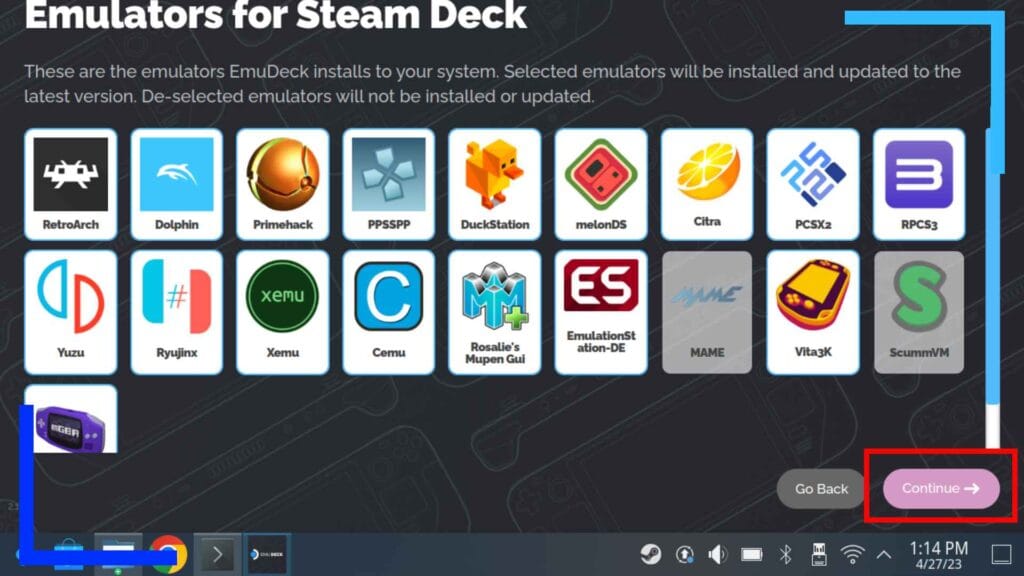Screenshot of the EmuDeck installer showing a selection of different emulators that can be toggled on or off. A red box is around the continue button to show how to move on to the next section.