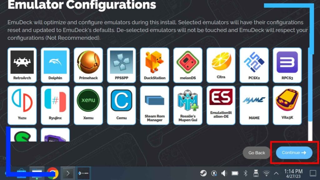 Screenshot of the EmuDeck installer showing another selection of emulators, only this time they relate to the configuration files rather than the emulators themselves. A red box around the continue button shows users where to click to move on.