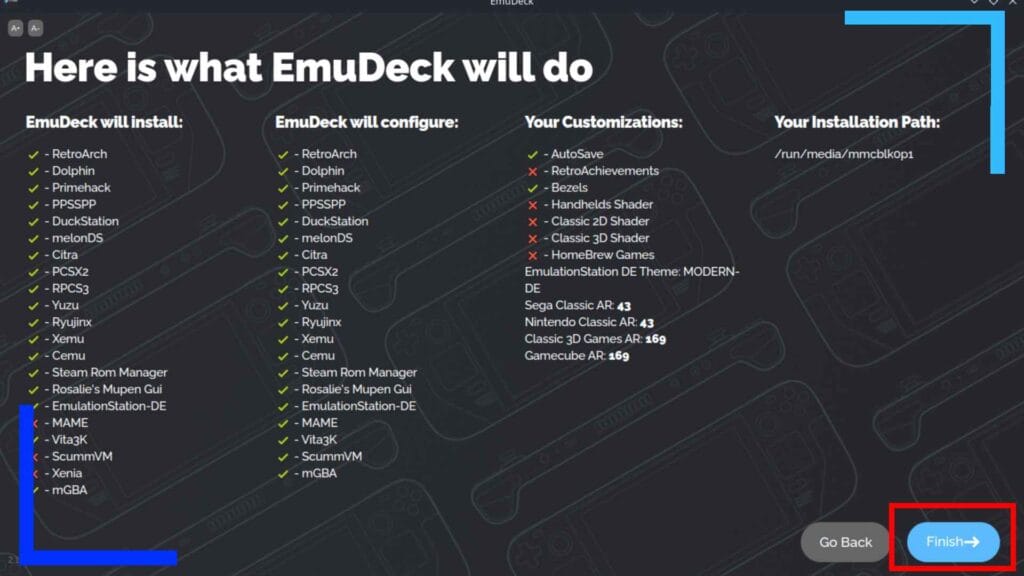 Screenshot of the EmuDeck installer on the final page that tasks the user with checking everything is as it should be.