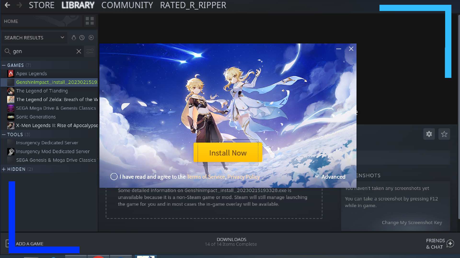 Screenshot of the Genshin Impact installer running in the Steam app.