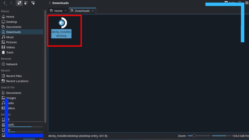 Screenshot of the Steam Deck downloads folder with a red box over the installer to show where it is.