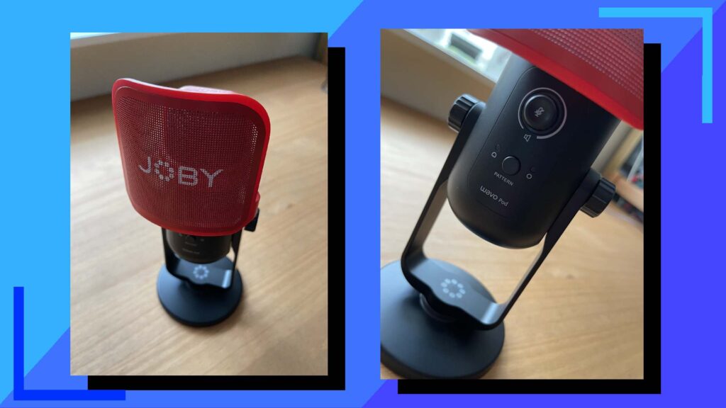 Two photos of the Joby Wavo POD Microphone on a blue gradient background. Both photos show the Joby mic on an oak desk.