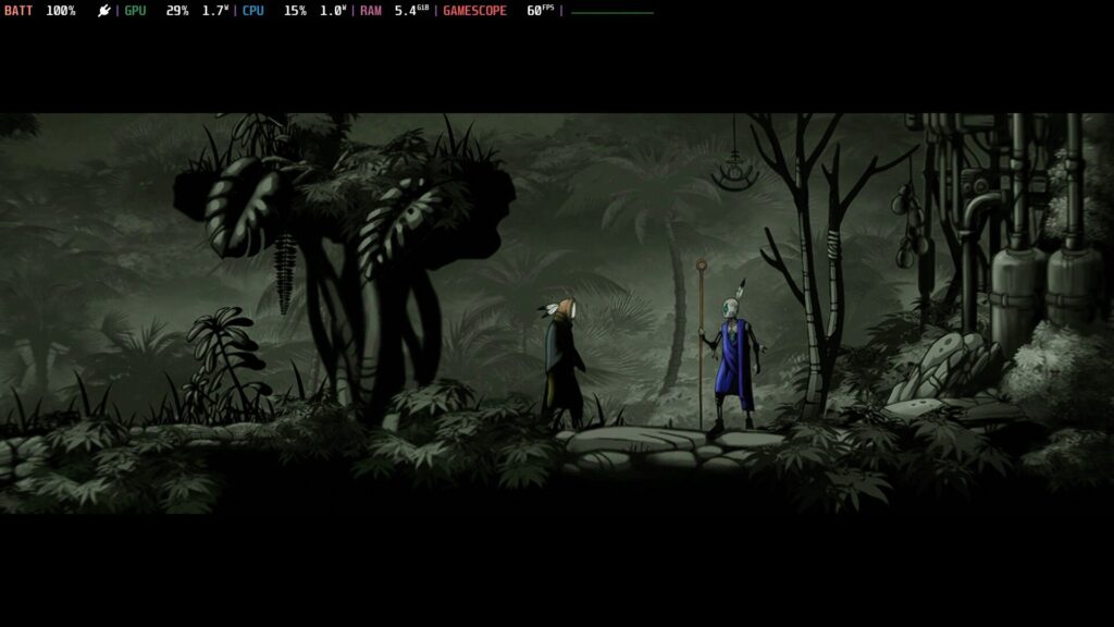 Screenshot from Library of Babel showing the main character about to talk to a character clad in blue.