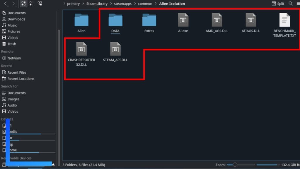 Screenshot of the Dolphin File Explorer on Steam Deck inside the Alien Isolation folder. All but one of the files have a red outline around them.