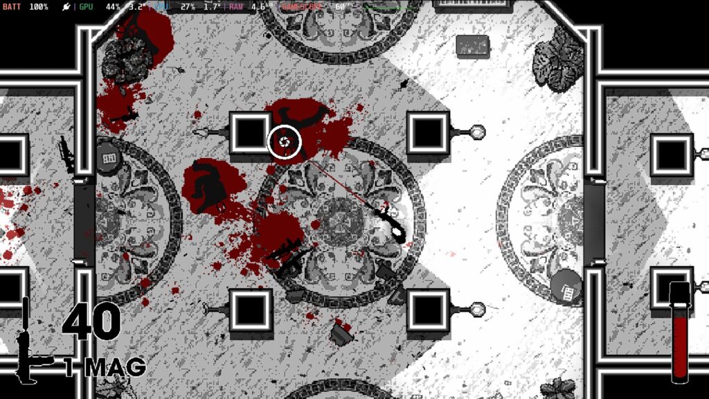 Screenshot from OTXO. A black a white overhead frame of an exquisite lobby. Blood pools around two of the four pillars.