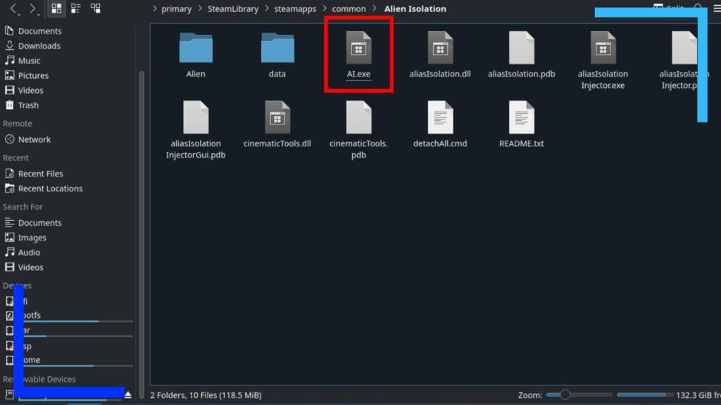 Screenshot of the Dolphin File Explorer on Steam Deck, with a red box to highlight the newly-renamed "AI.exe" launch file.