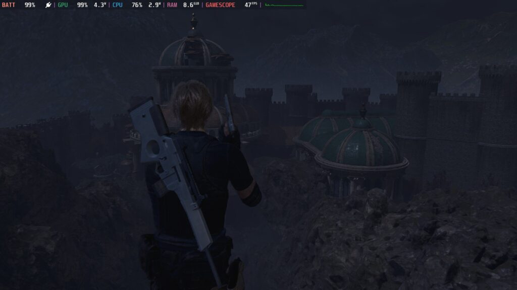 Screenshot of Resident Evil 4 on Steam Deck showing Leon overlooking a ruined castle.