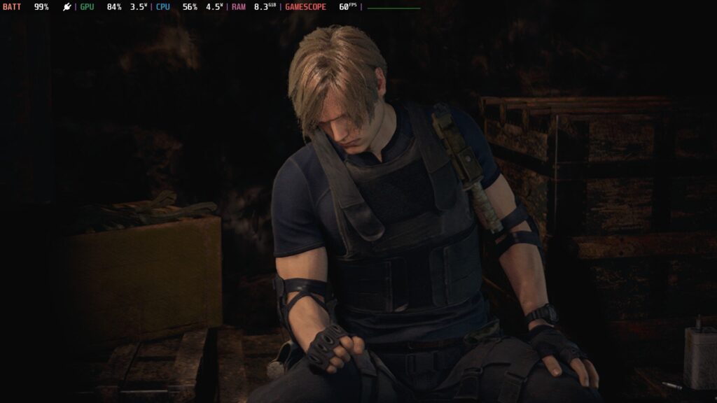 Screenshot of Resident Evil 4 on Steam Deck showing Leon sitting down in a dark room.