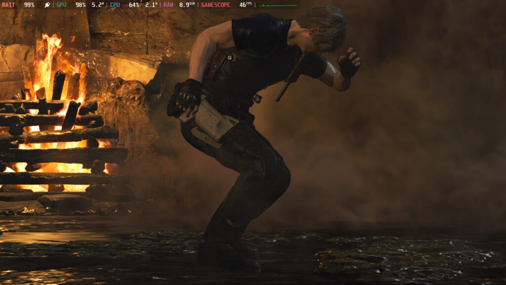 Screenshot of Resident Evil 4 on Steam Deck showing Leon ducking from an explosion.