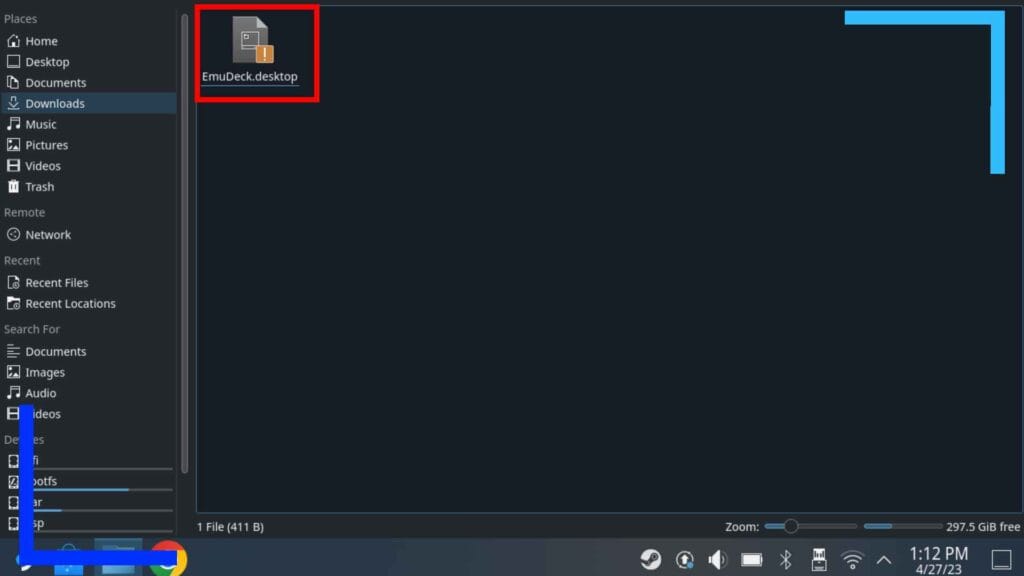 Screenshot of the Dolphin File Explorer on Steam Deck with a red box to highlight the file being discussed in the article.