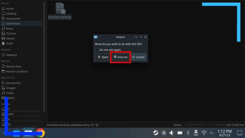 Screenshot of the Dolphin File Explorer on Steam Deck with a red box to show where to click to launch the file.