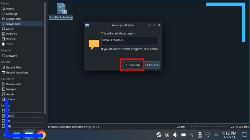 Screenshot of the Dolphin File Explorer on Steam Deck with a red box above the continue button.