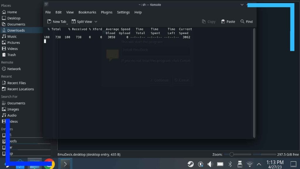 Screenshot of the Dolphin File Explorer on Steam Deck showing the EmuDeck installer launching in Konsole.