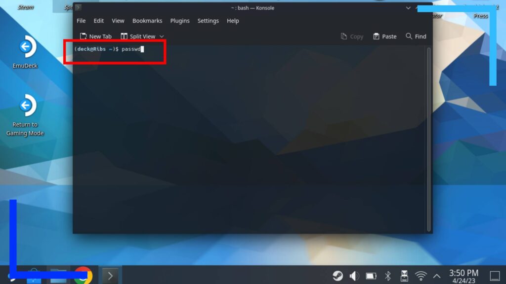 Screenshot of Konsole on Steam Deck. The text that has already been input reads "Passwd" not "password".