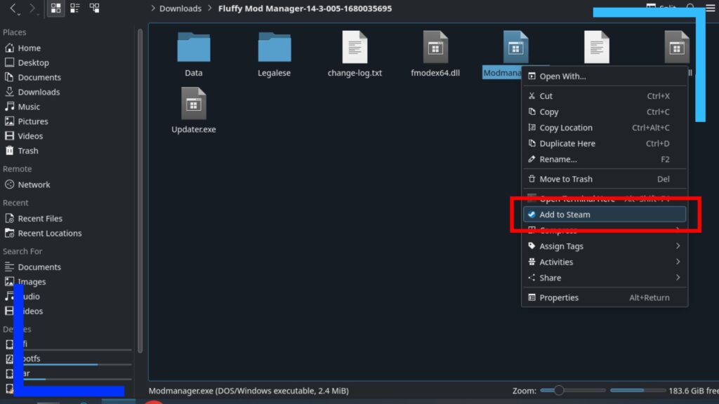 Screenshot showing the Dolphin File Explorer and a red box to explain how to add non-Steam games.