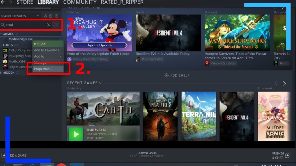 Screenshot of the Steam app on Steam Deck with red boxes and numbers to show where to click and in what order.