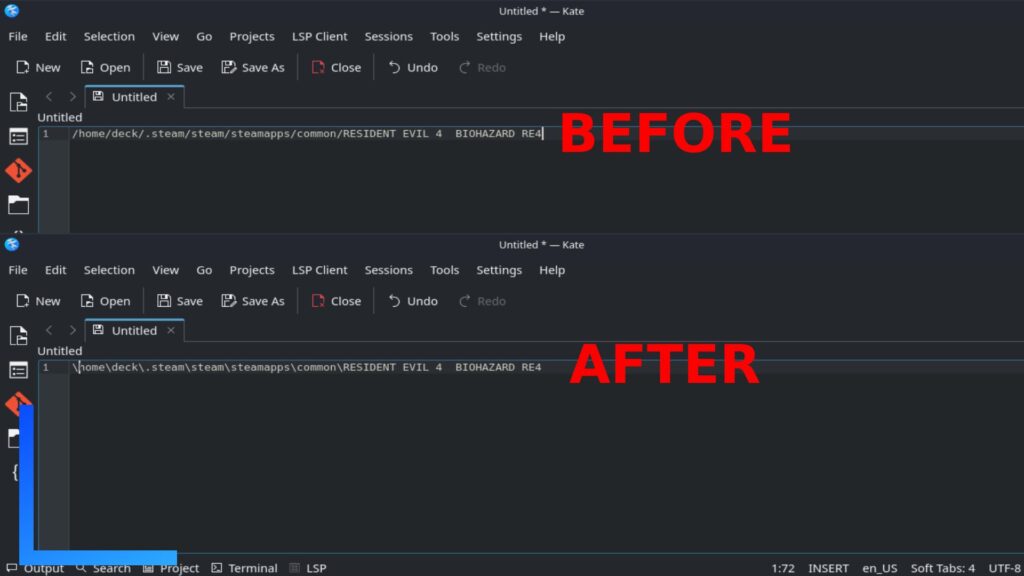 Screenshot of the Kate text editor on Steam Deck. The top section, marked before, shows text before it's been edited. The lower box, marked after, show the text with the changes. 