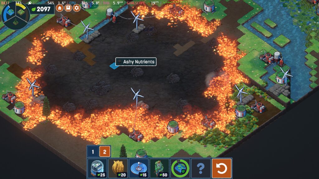 Screenshot from Terra Nil showing a device burning the ground with a ring of fire.