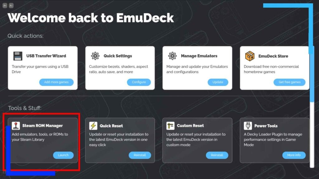 Screenshot of the EmuDeck app on Steam Deck. This is the main page that shows when you open EmuDeck. A red box highlights where to click for Steam ROM Manager.