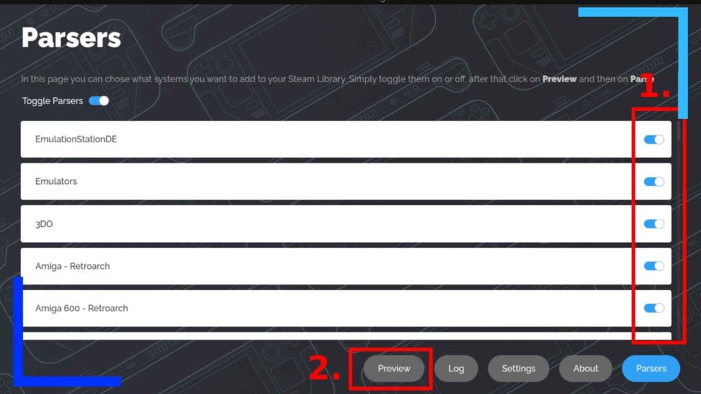 A screenshot of the Steam ROM Manager EmuDeck theme with the parsers section open. Red boxes and numbers show where to click and the order.