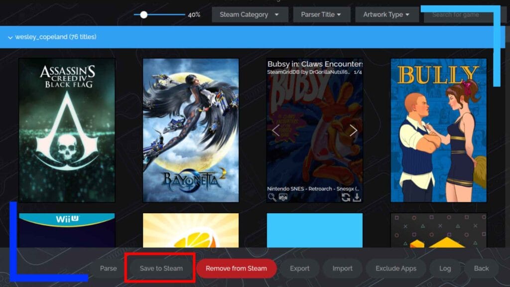 Screenshot of Steam ROM Manager with a selection of games added. A red box shows where to click to save the games to the main Steam app.