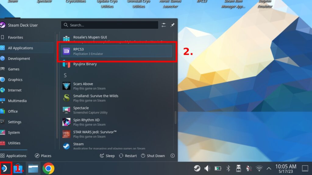 Screenshot of the main Steam Deck start menu. Two red boxes and two red numbers show where to click and the order.