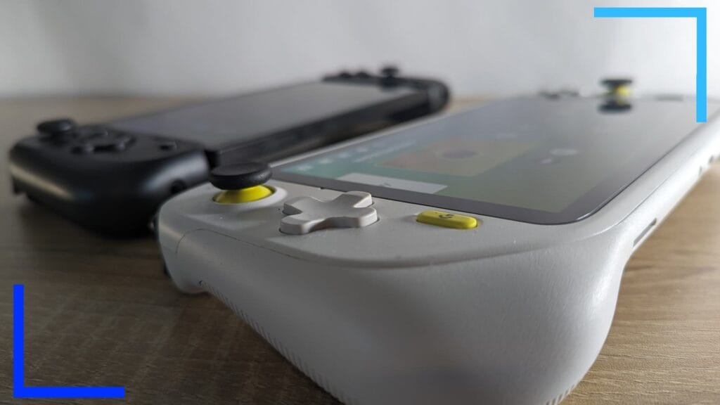 Close up photo of the white Logitech G Cloud showing the d-pad and left stick. The stick has a yellow underneath.