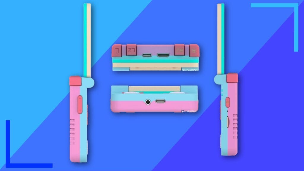 The Miyoo Mini Flip, in baby blue, pastel pinks, light green, and white, is shown from the two sides and the front and back.