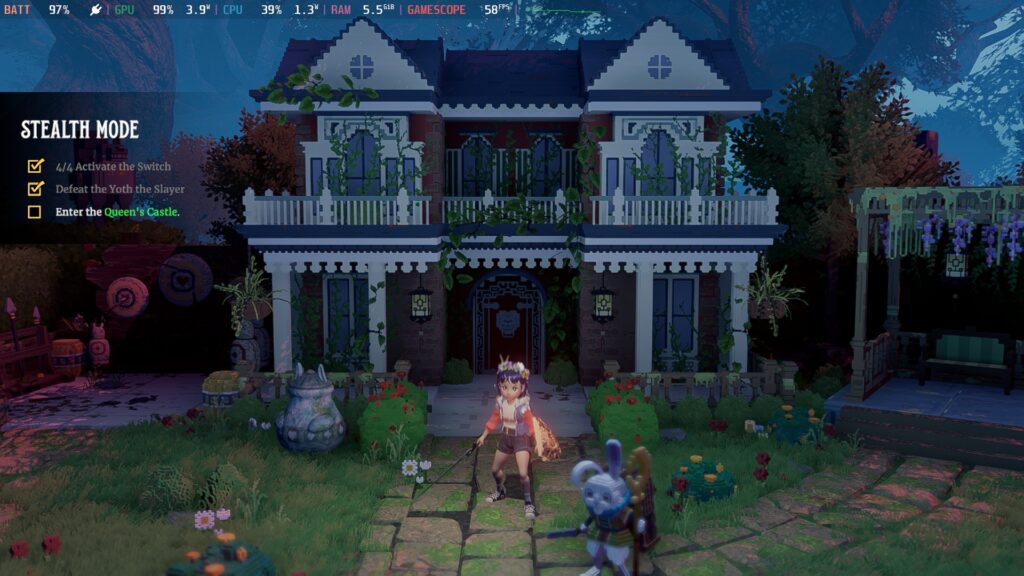 Screenshot of Ravenlok on Steam Deck showing the main character, at night, in front of a large pixel art house made of black and white blocks.