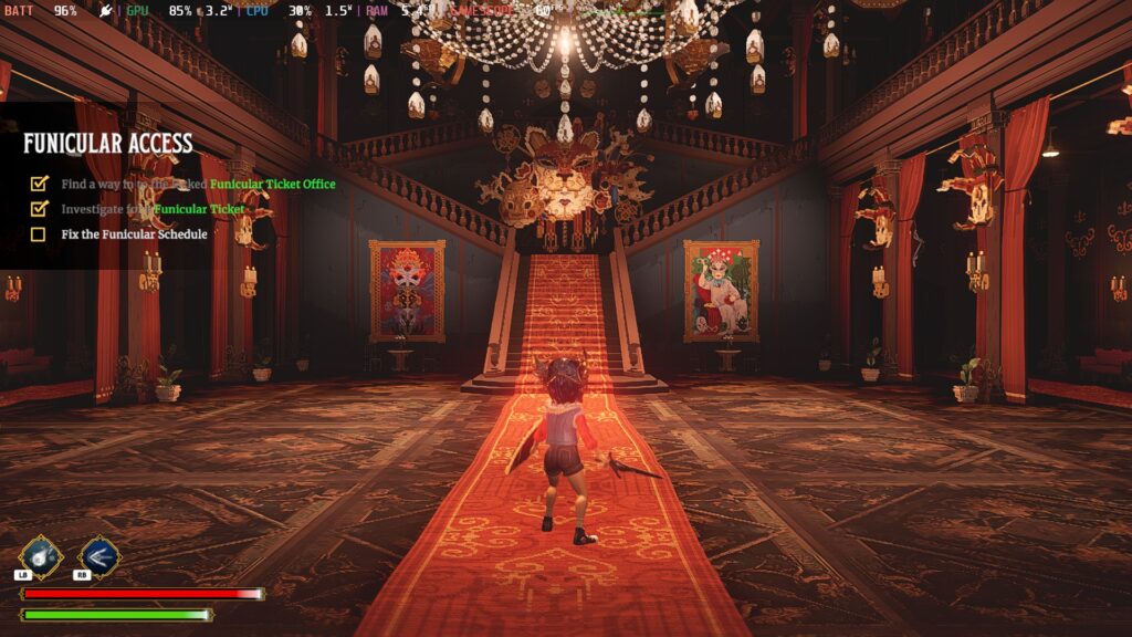 Ravenlok stands in a regal hallway. A large, expensive carpet runs directly through the middle of the screenshot and up a set of stairs.