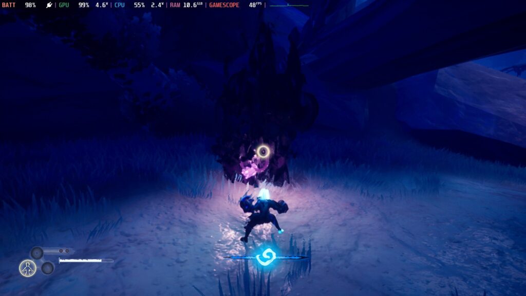 The main player character in Strayed lights with a blue, flaming head.