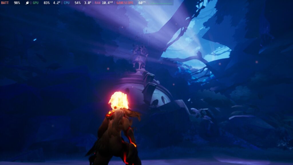 The player character from Strayed Lights, with a flaming head, looking into a crack in the background, with light beaming through.