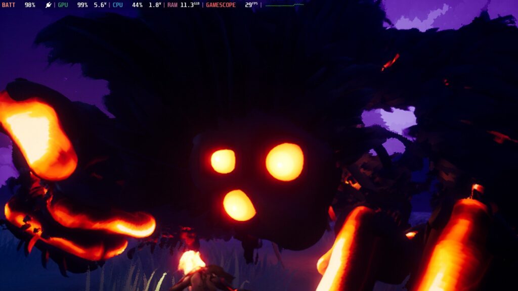 A black shadow monster with fire-like orange, red, and yellow eyes and fingers from Strayed Lights on Steam Deck.