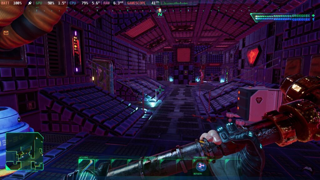 Screenshot from System Shock on Steam Deck showing a cyberpunk corridor of a blue hue. The main character is holding a metal pipe as a weapon.