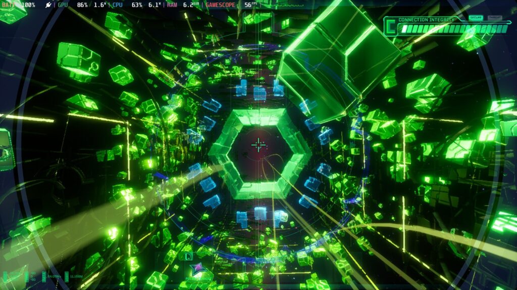 Screenshot from System Shock on Steam Deck showing the cyberspace world made up of mostly green shapes.