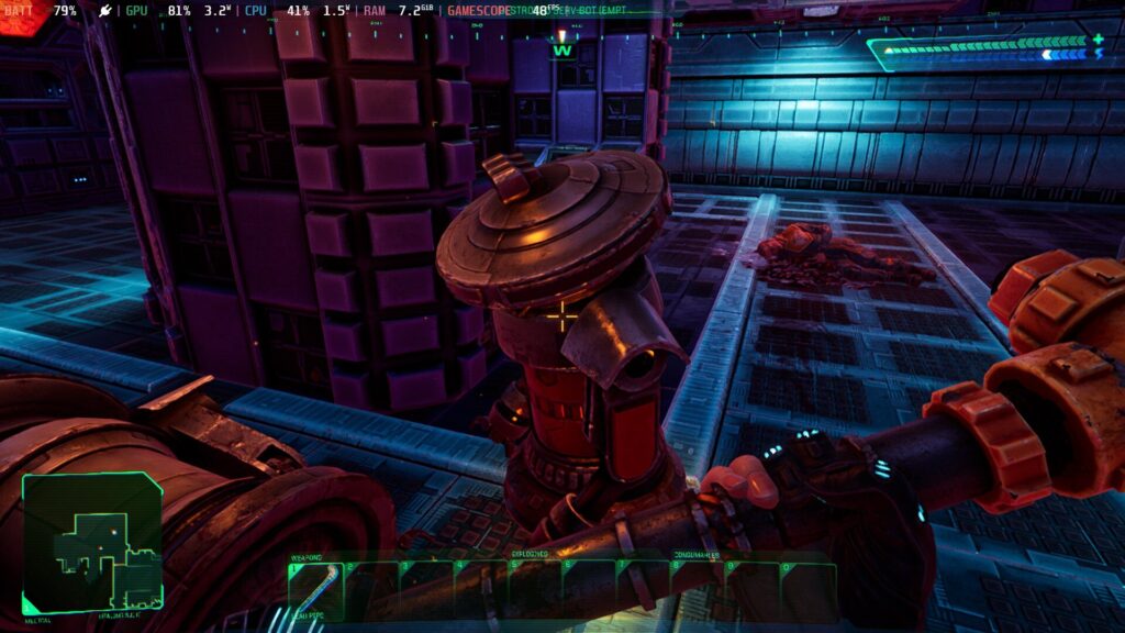 Screenshot from System Shock on Steam Deck showing a cyberpunk corridor in shades of blue and brown, with a rusted metal robot slumped over.