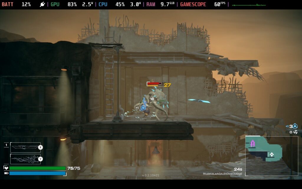 Screenshot from Trinity Fusion on Steam Deck showing the main character, with teal hair, slicing through a crab-like enemy. 