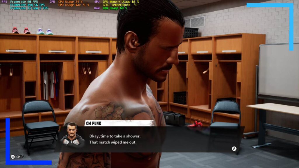 Screenshot from AEW Fight Forever on ASUS ROG Ally CM Punk looking dejected. Punk is seen saying "I need to take a shower."